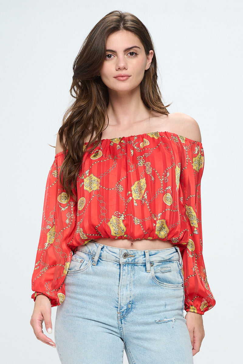 Off-shoulder long-sleeve chain blouse