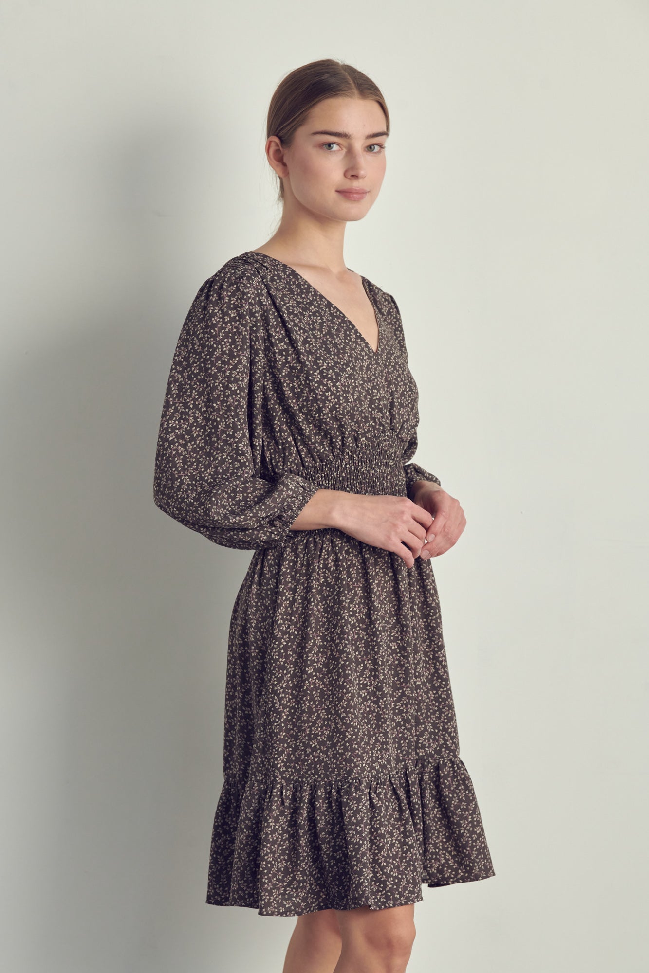 V-neck smocked waisted long sleeve dress