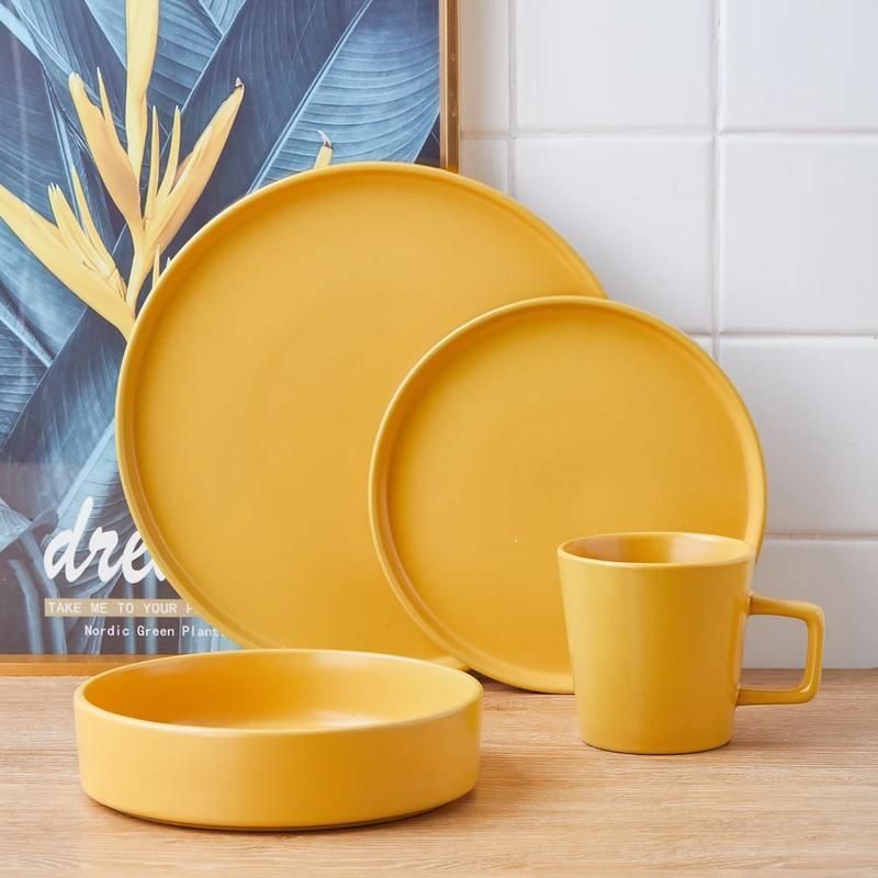 Stoneware Dinnerware Set, 16-Piece, Service for 4, Vibrant Yellow