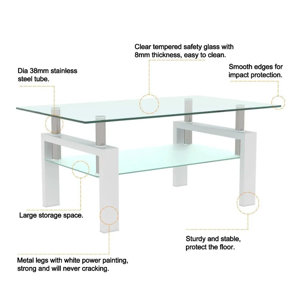 Elegant Rectangle Tempered Glass Coffee Table with Metal Legs