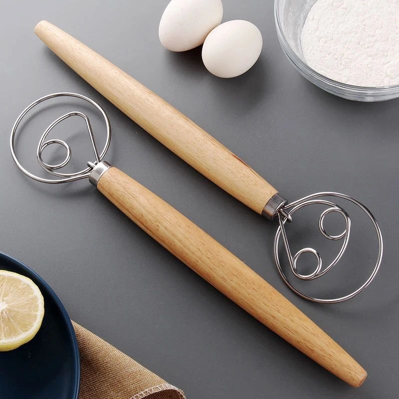 Multi-Function Danish Dough Whisk with Wood Handle - Stainless Steel Hand Mixer for Baking