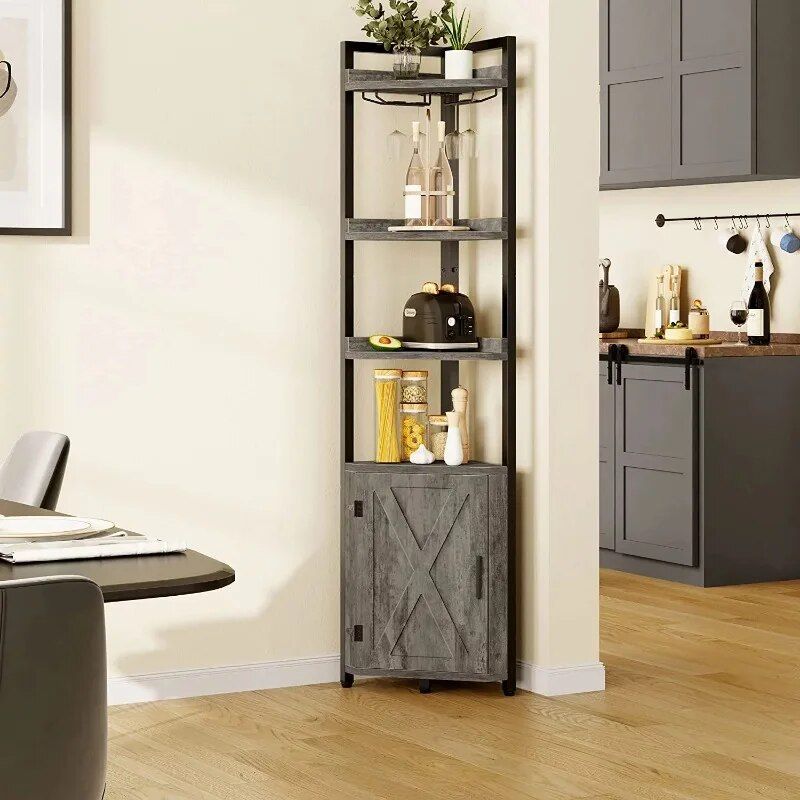 5-Tier Industrial Corner Bookcase with Wine Glass Holder