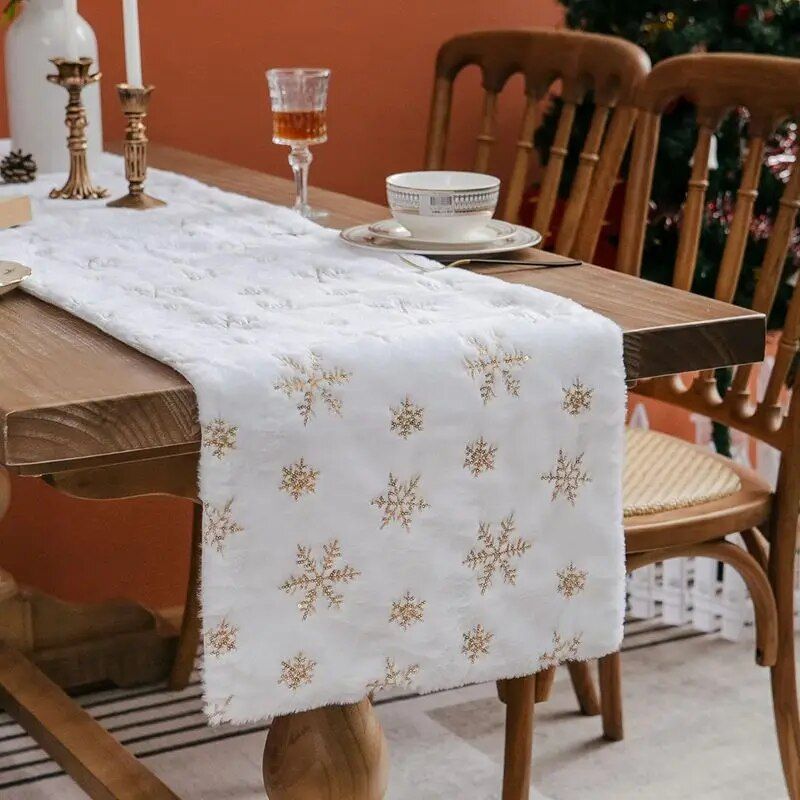 Sparkling Snowflake Faux Fur Christmas Table Runner