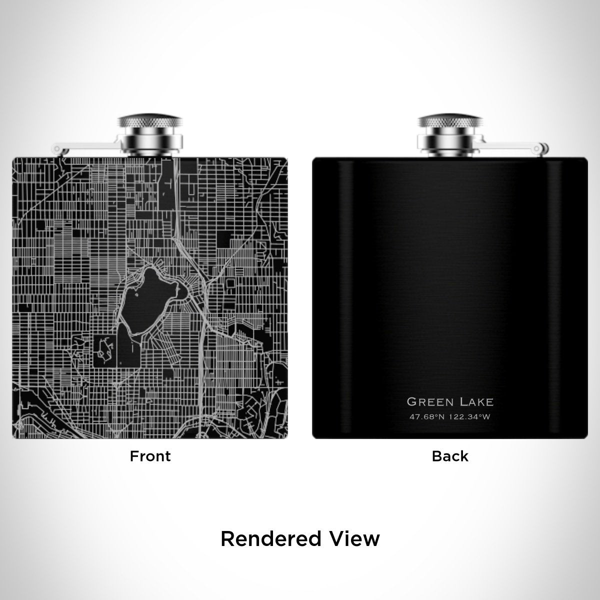 Green Lake - Washington Engraved Map Hip Flask in Matte Black