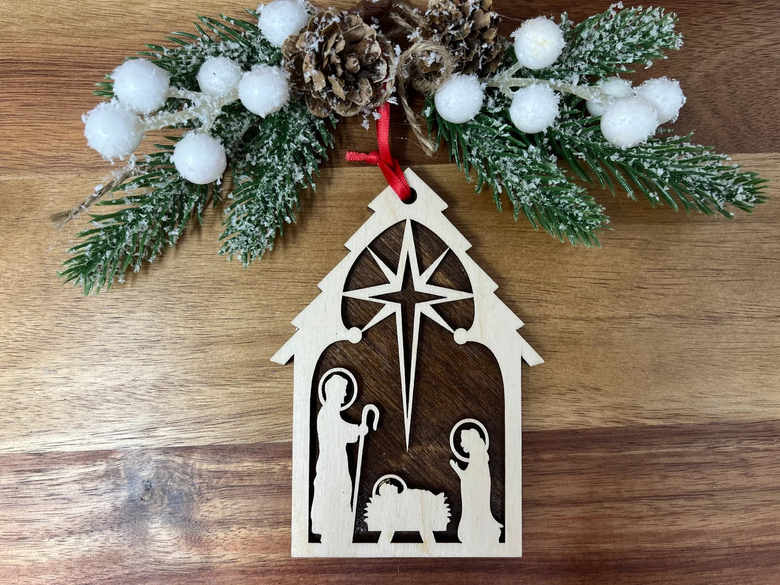 Nativity with wood backing Christmas Ornament
