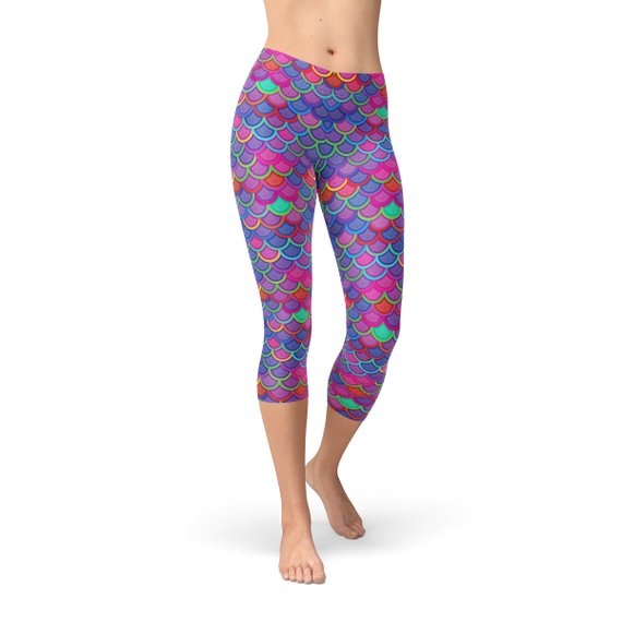 Womens Purple Pink Mermaid Capri Leggings | Maroon Sooty