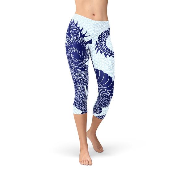 Womens Japanese Dragon Capri Leggings | Maroon Sooty