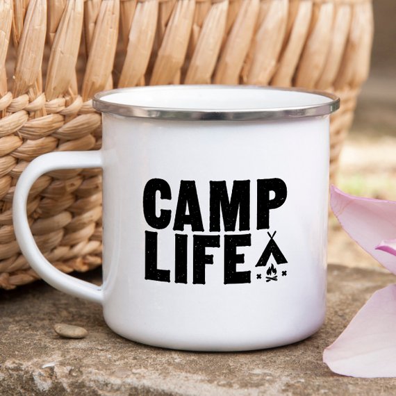 Camping Mug Enamel Mug Campfire Mug Camp Life Tin | Magenta Shadow