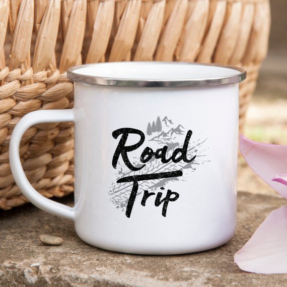 Road Trip Enamel Mug Camping Mug Wanderlust | Magenta Shadow