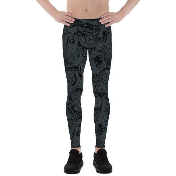 Mens Leggings - Black Leggings with Auto Parts | Maroon Sooty