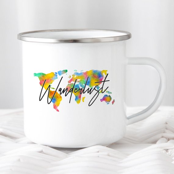 Wanderlust Enamel Mug Camping Mug Happy Hiker | Magenta Shadow