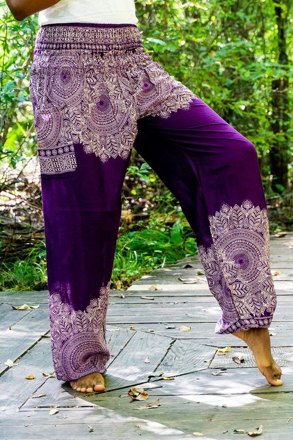 Purple FLORAL Women Boho Pants Hippie Pants Yoga Pants | Tan Smokey
