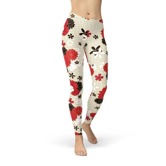 Womens Japanese Cherry Blossom Leggings | Maroon Sooty