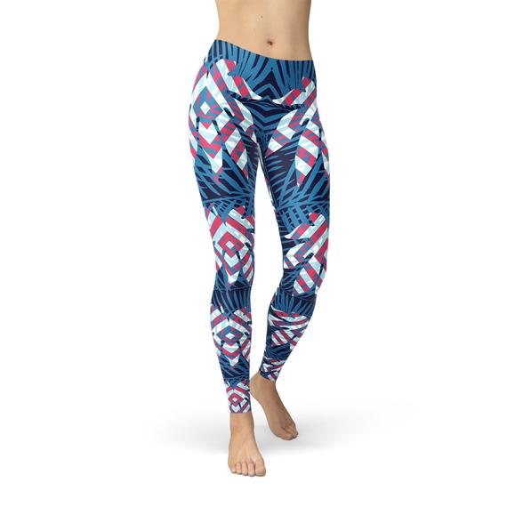 Blue Tropical Leaf Leggings for Women | Maroon Sooty