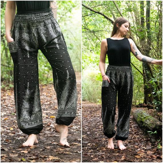 Black PEACOCK Women Harem Pants Boho Pants Hippie Pants | Tan Smokey