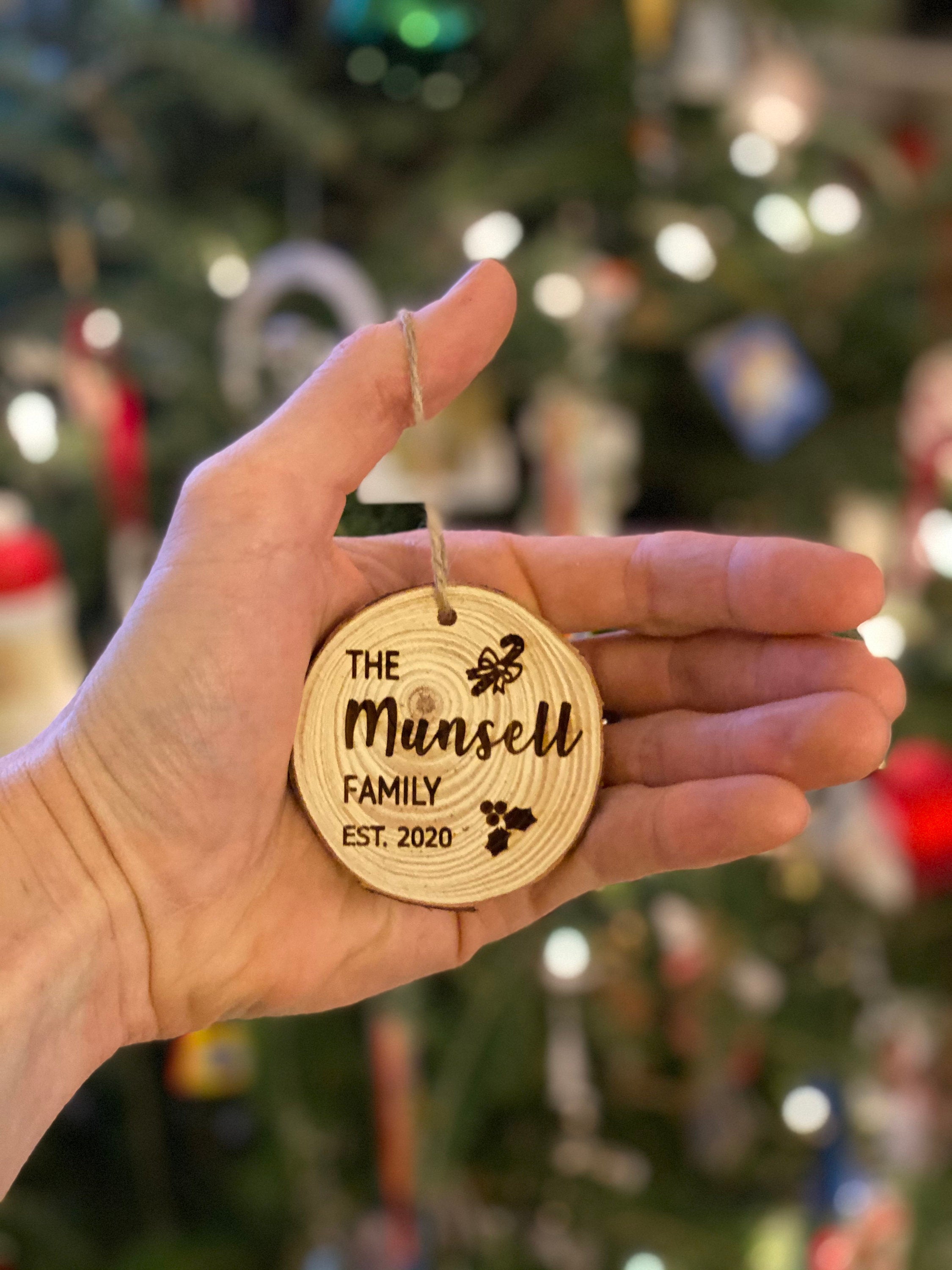 Family Name & Year Engraved Wood Christmas Ornament