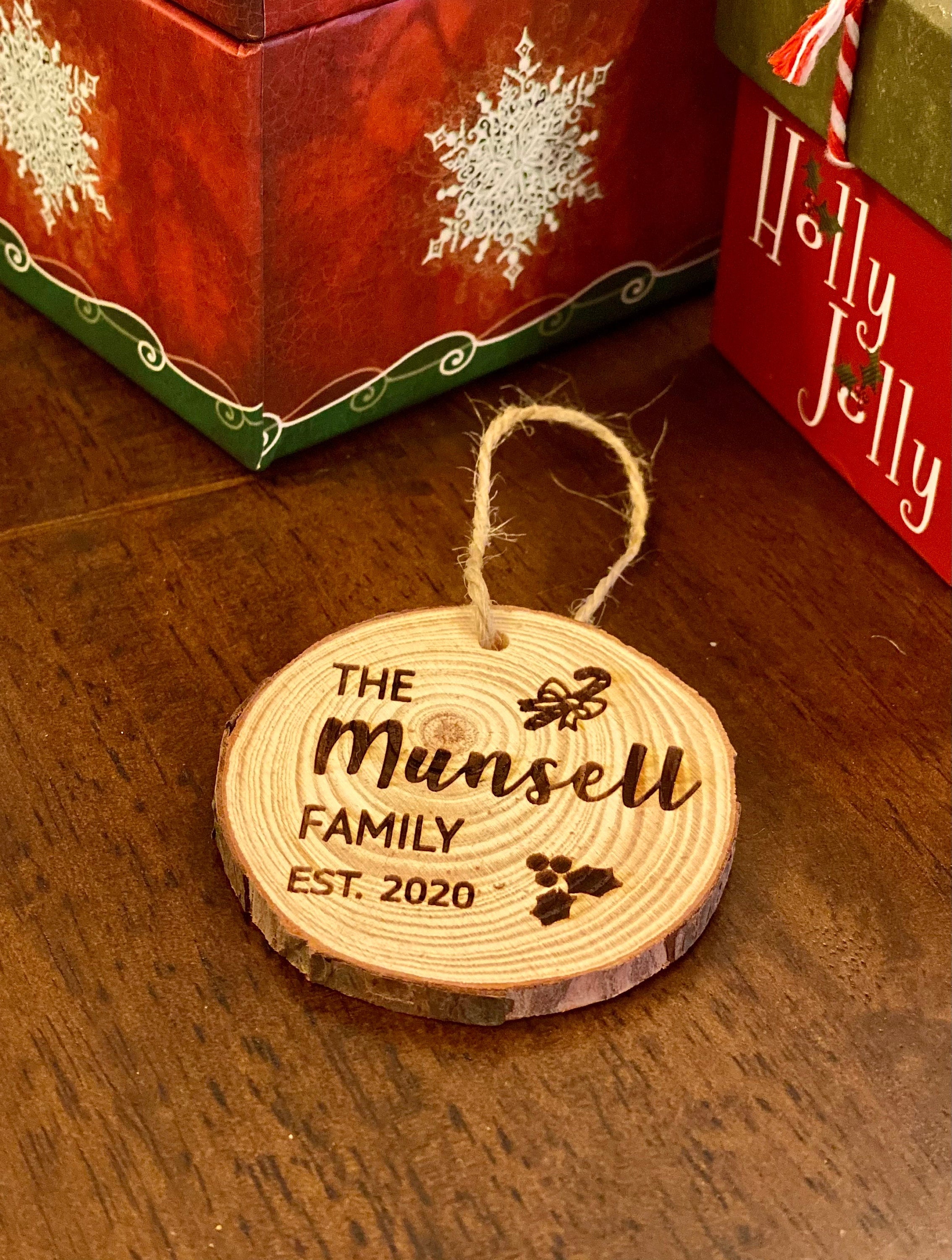 Family Name & Year Engraved Wood Christmas Ornament