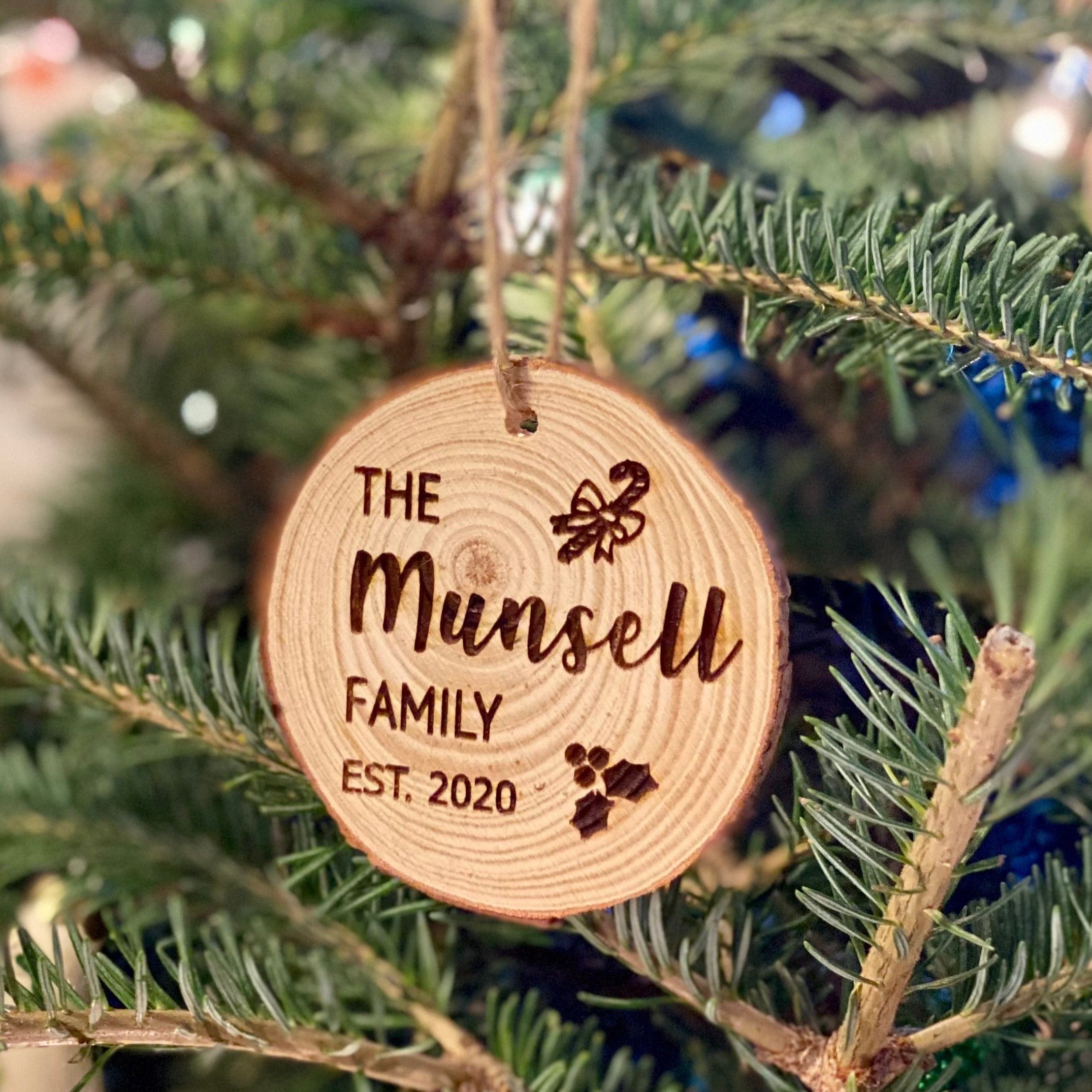 Family Name & Year Engraved Wood Christmas Ornament