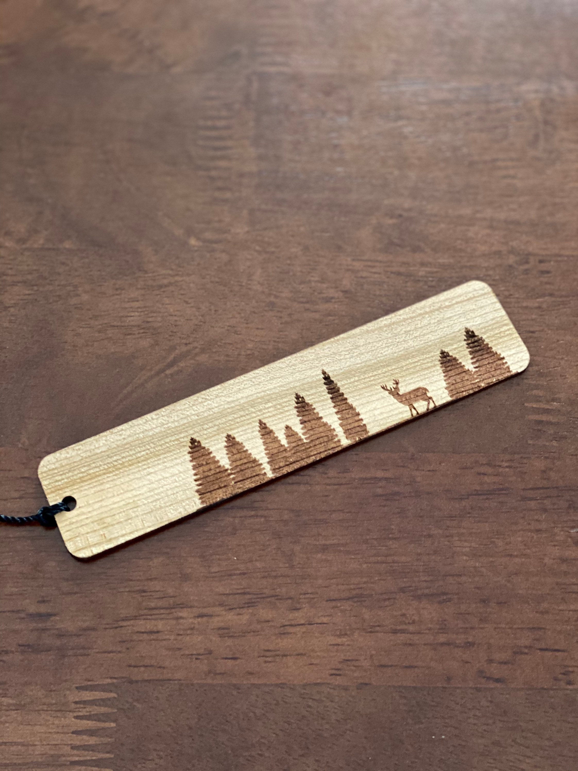 Pine Tree & Deer Engraved Wood Bookmark