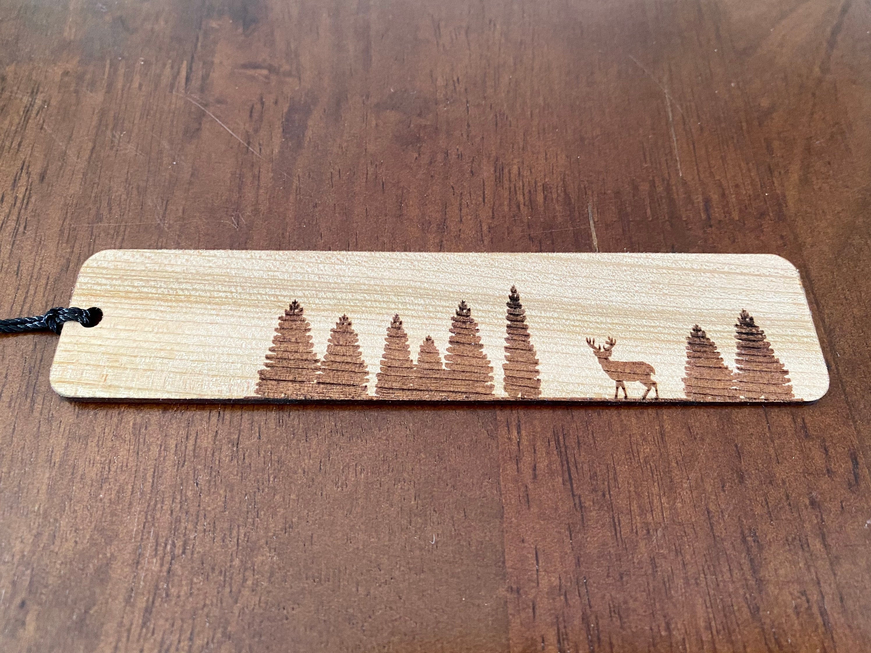 Pine Tree & Deer Engraved Wood Bookmark