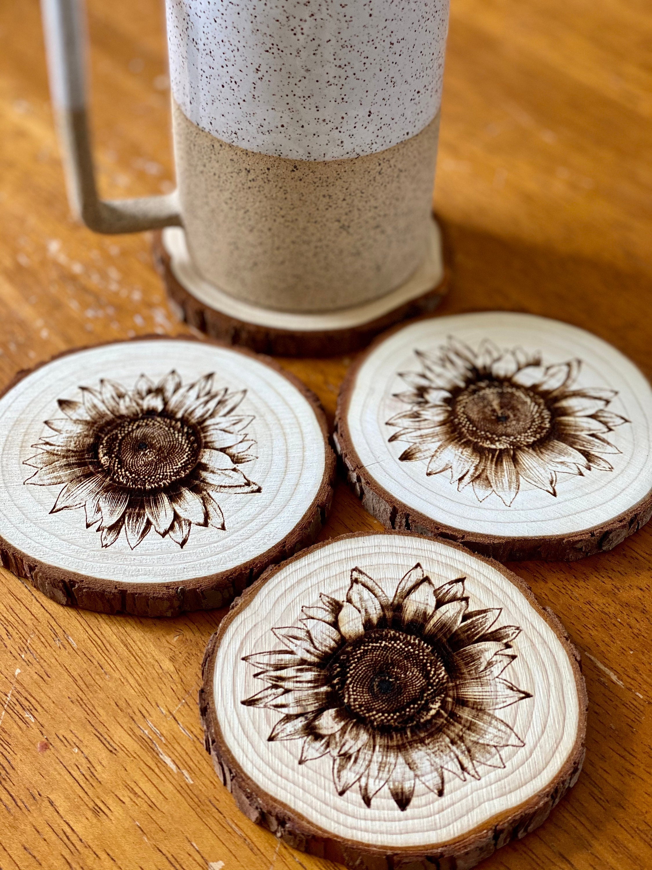 Sunflower Engraved Wood Coaster Set