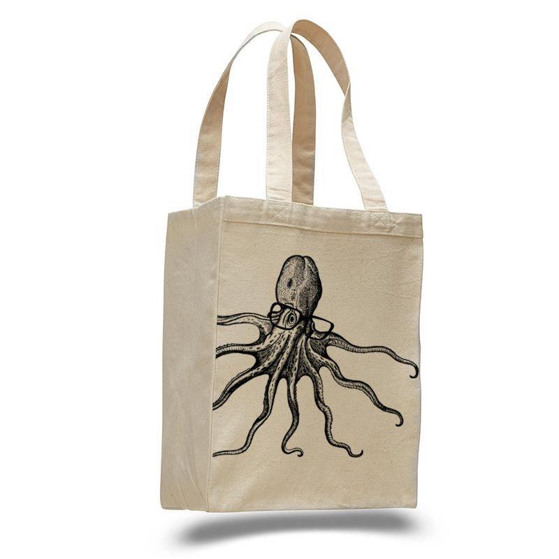 Octopus wearing glasses- cotton canvas natural tote bag