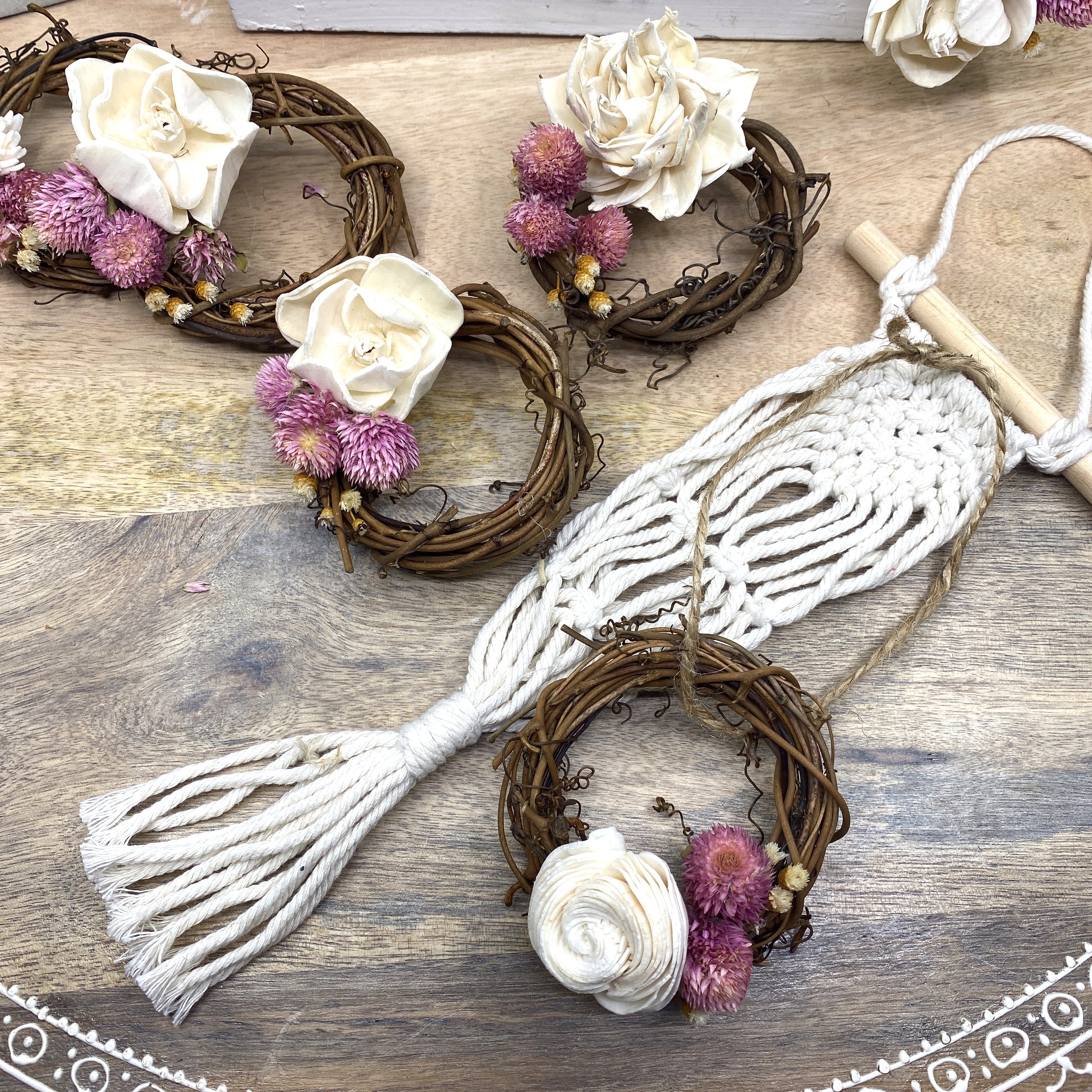 Mini Grapevine Wreath Ornaments with Dried Flowers, 3”