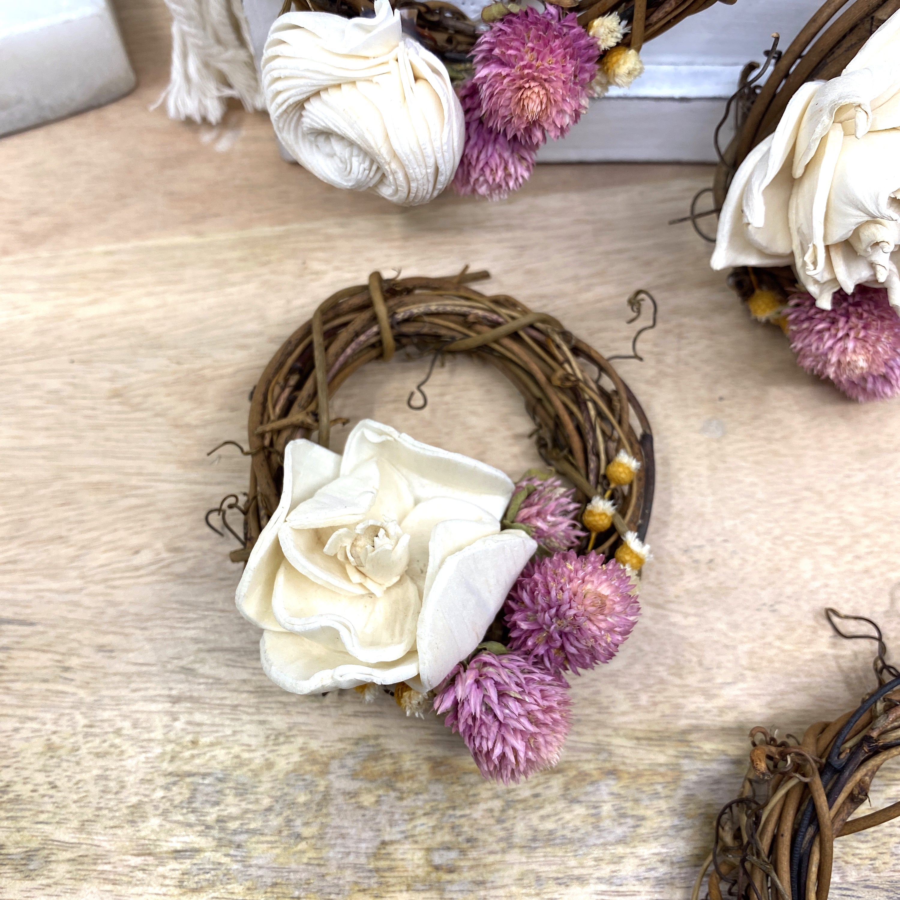 Mini Grapevine Wreath Ornaments with Dried Flowers, 3”