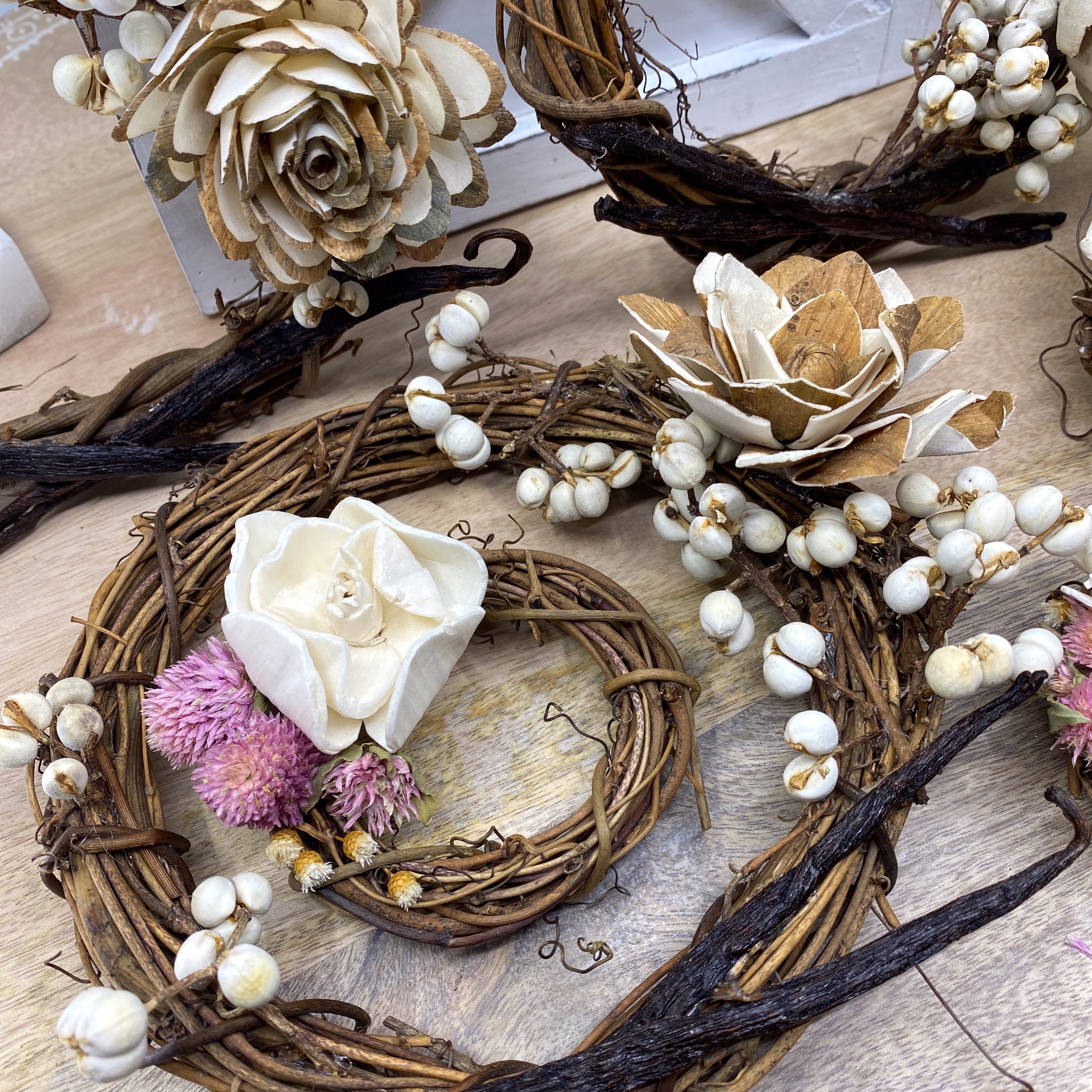 Vanilla Bean, Grapevine Wreath Ornaments with Dried Flowers, 6”