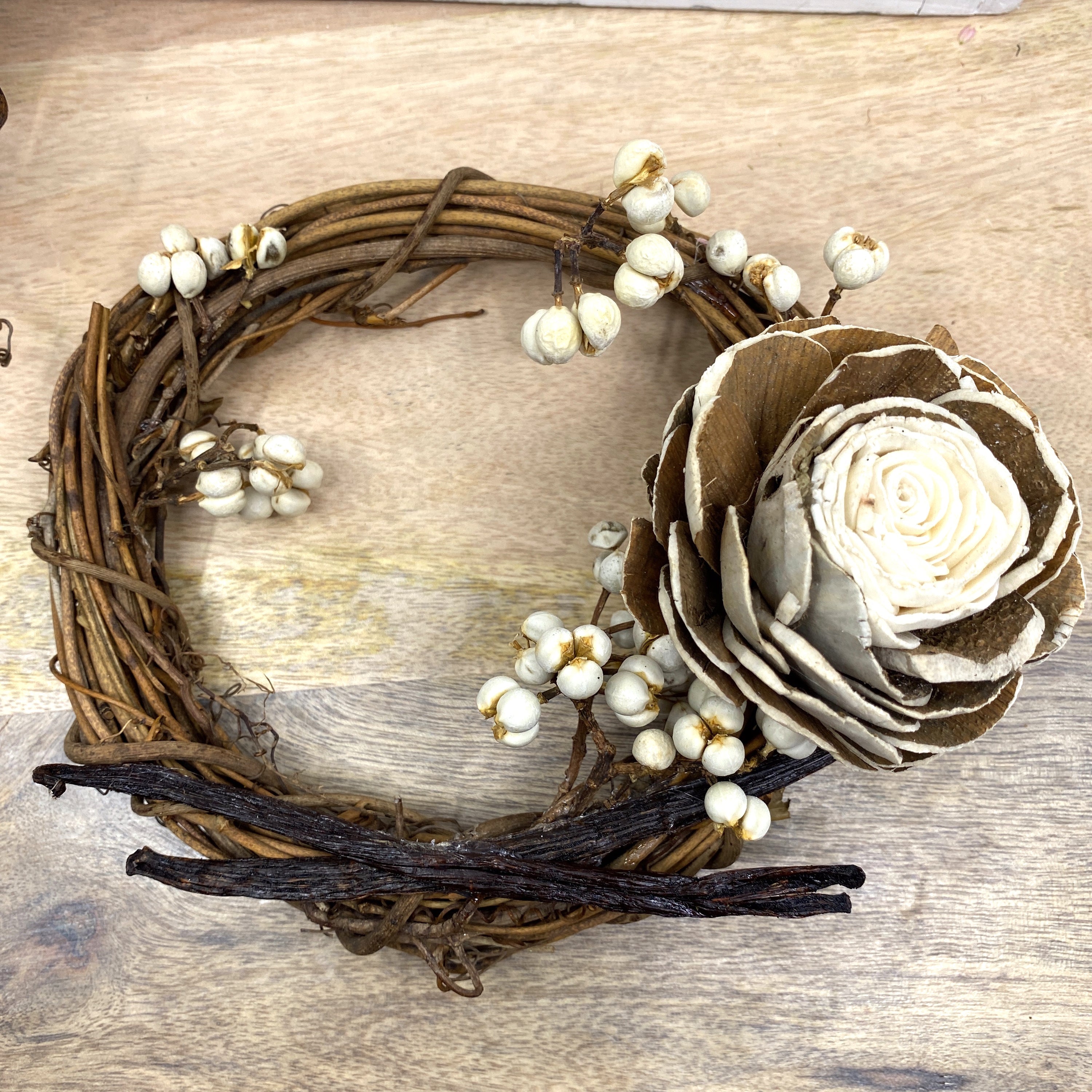 Vanilla Bean, Grapevine Wreath Ornaments with Dried Flowers, 6”