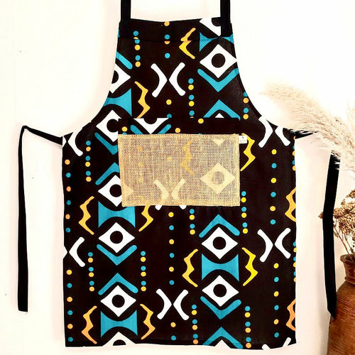 The Mashona, Adjustable, Burlap Pocket, Wax Print Aprons