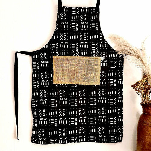 The Mashona, Adjustable, Burlap Pocket, Wax Print Aprons