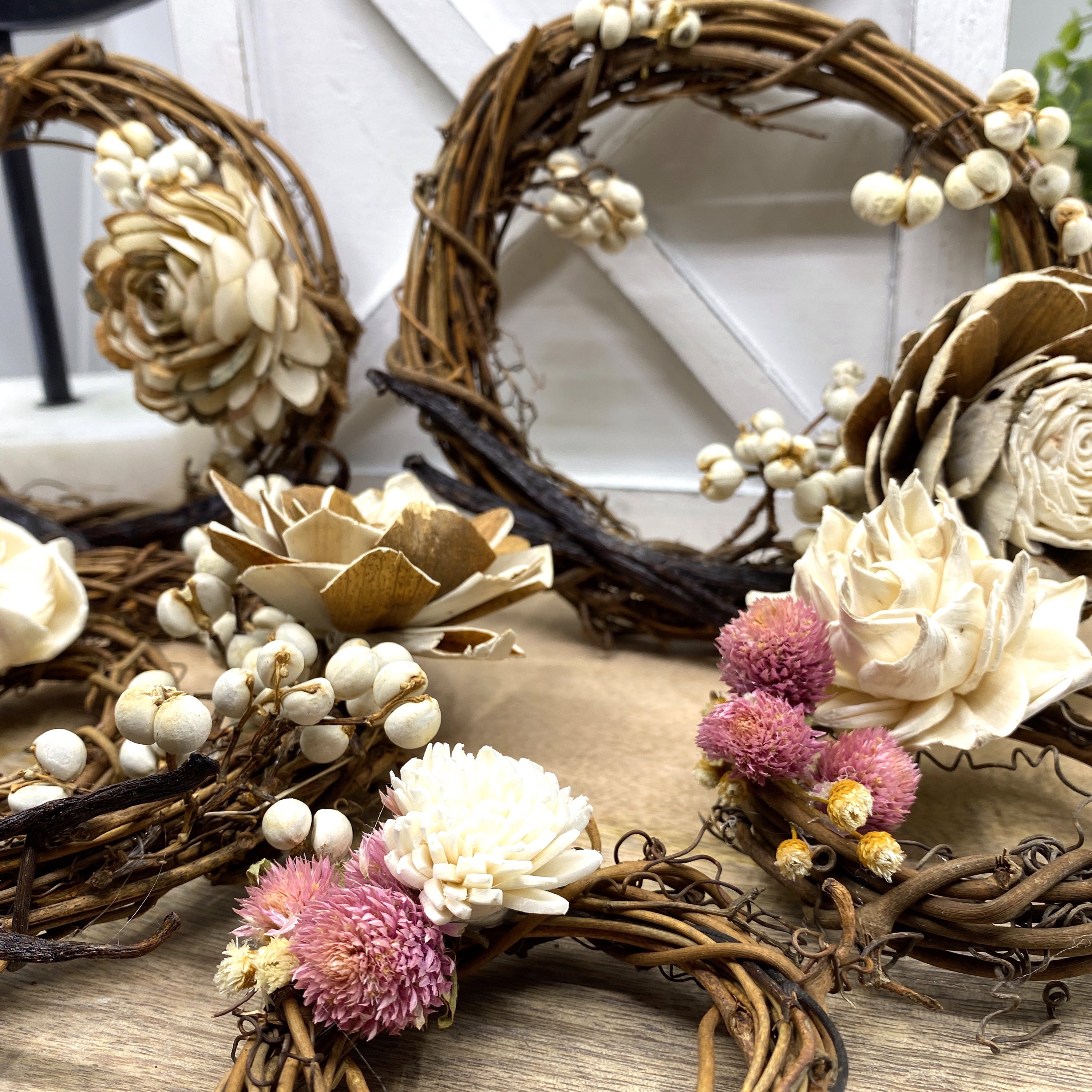 Vanilla Bean, Grapevine Wreath Ornaments with Dried Flowers, 6”