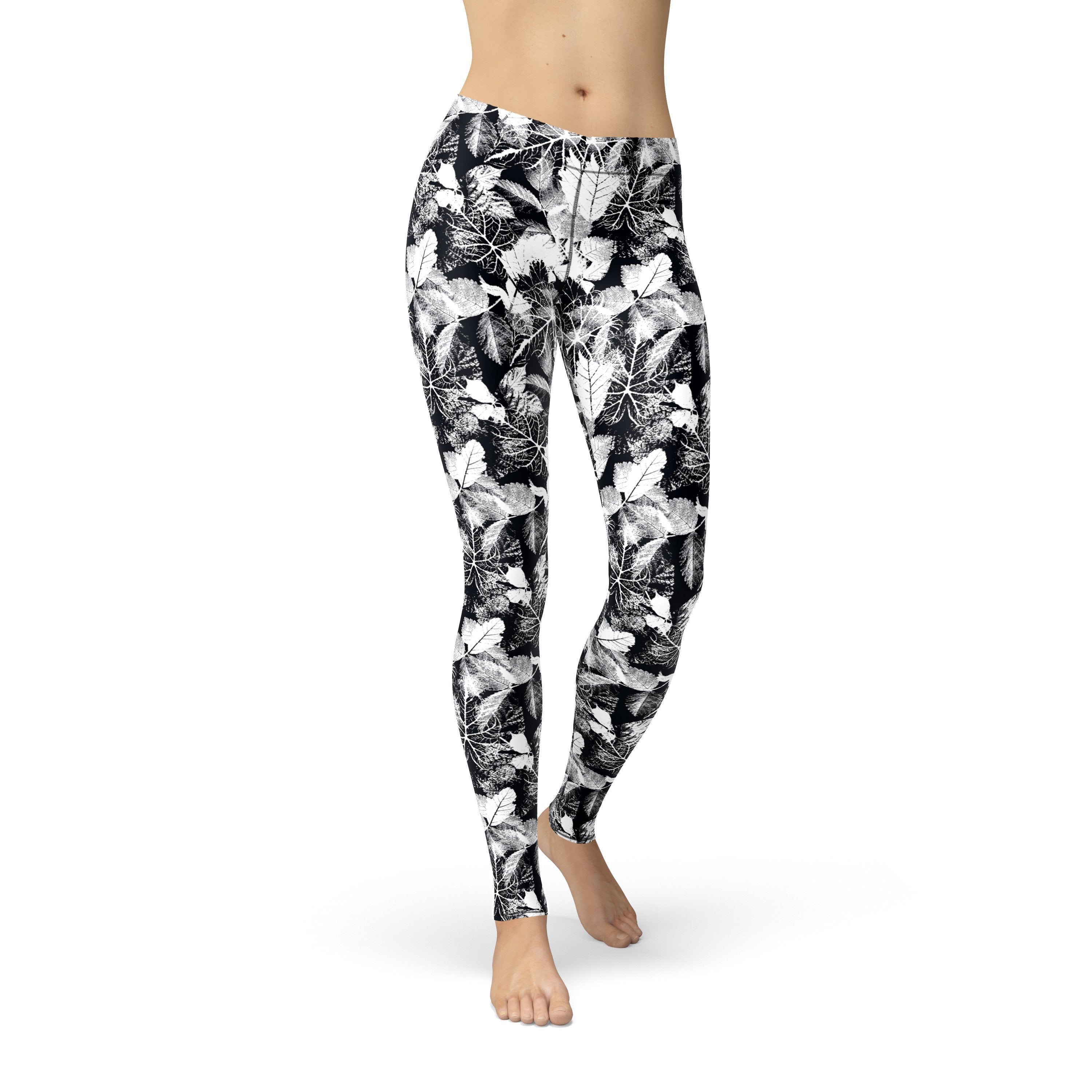 Avery Black White Leaves Leggings