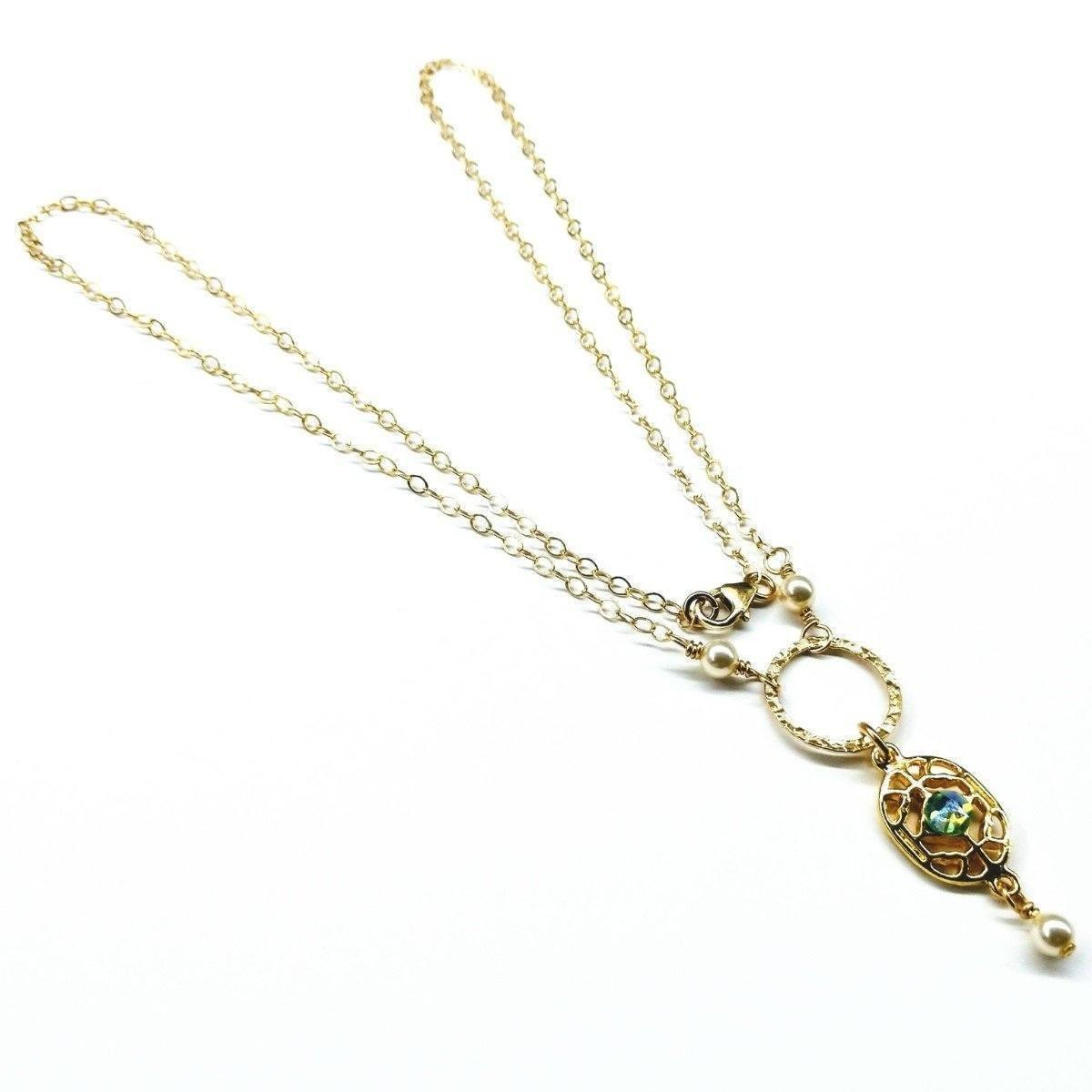 14 KT Gold Filled Filigree Green Crystal Open