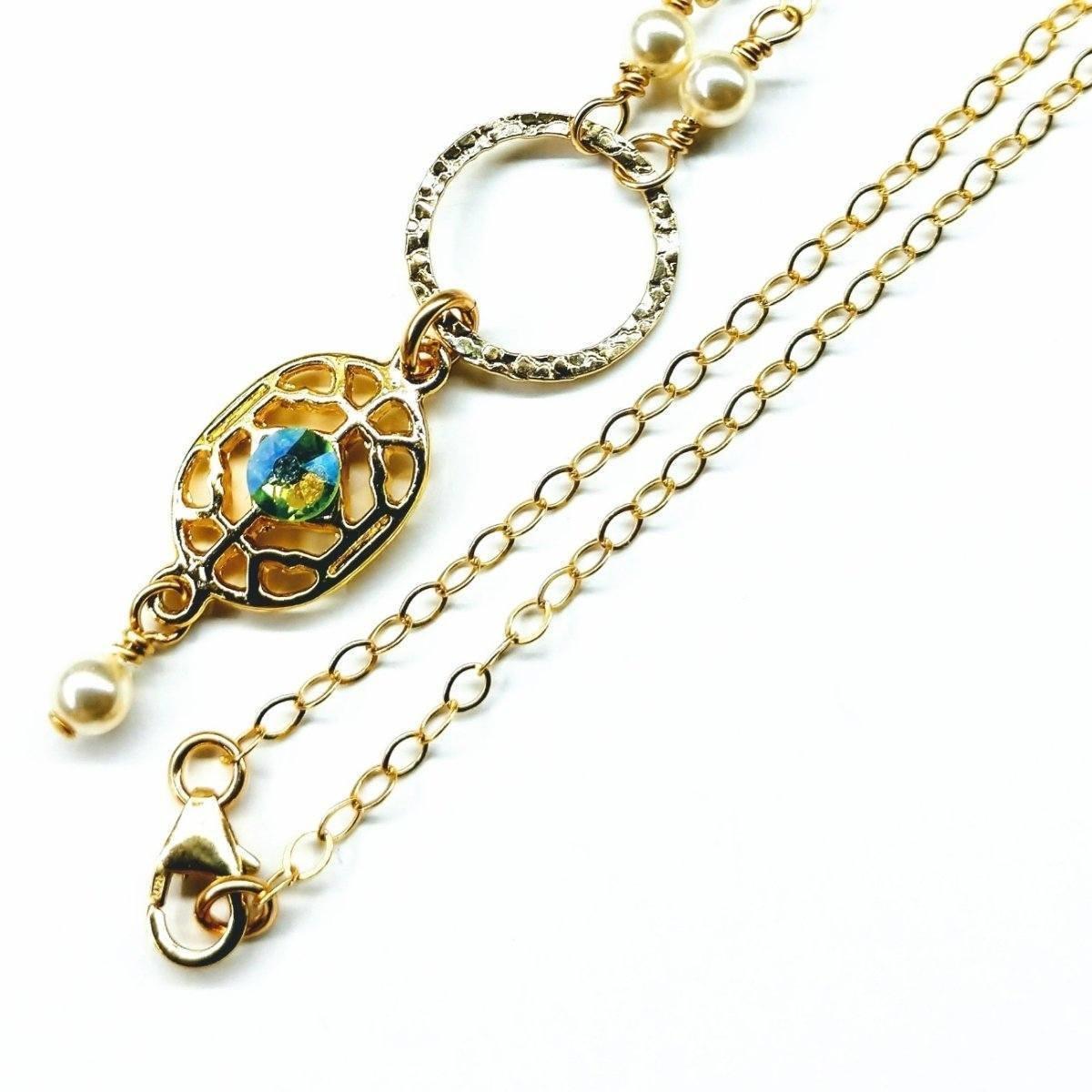 14 KT Gold Filled Filigree Green Crystal Open