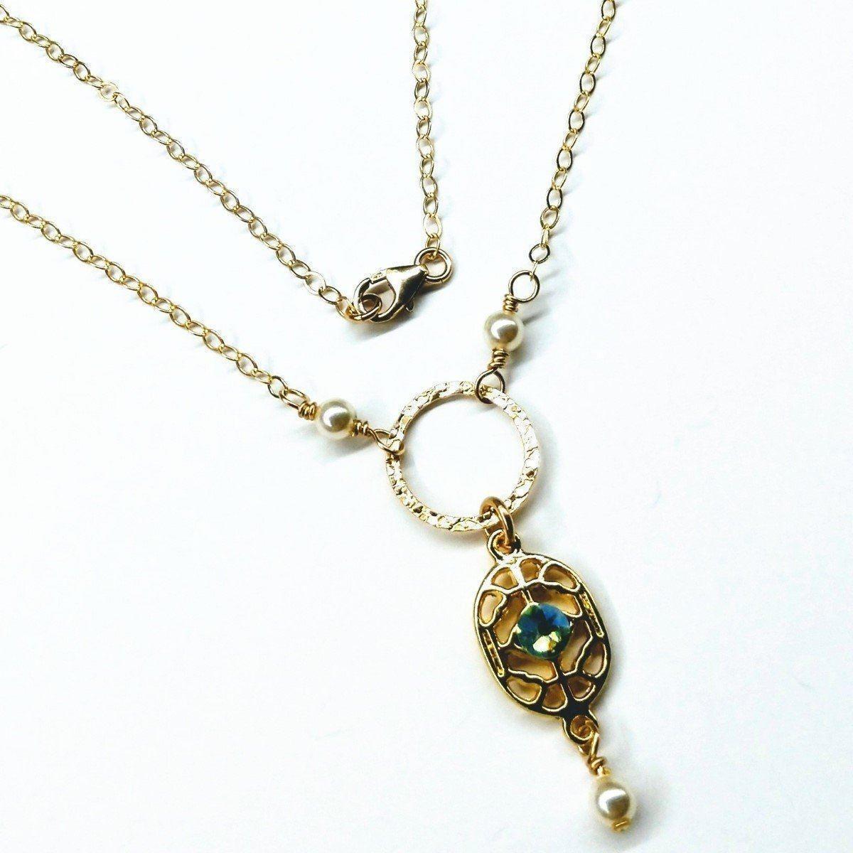 14 KT Gold Filled Filigree Green Crystal Open