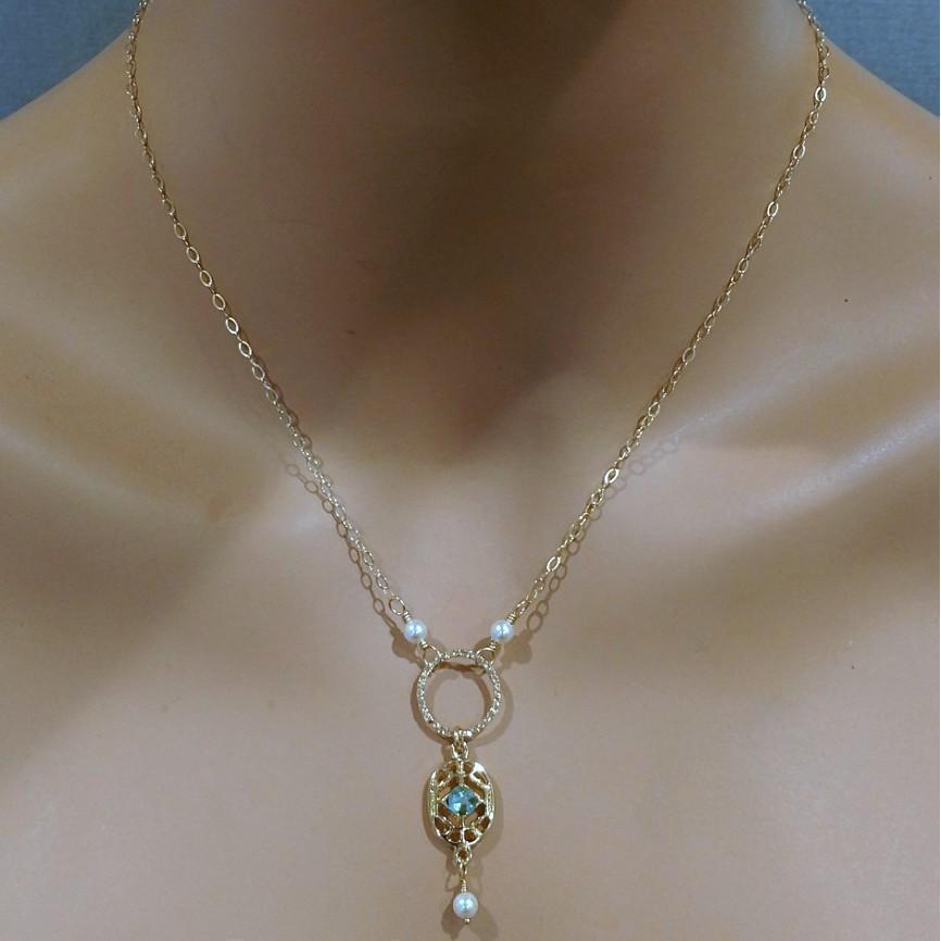 14 KT Gold Filled Filigree Green Crystal Open