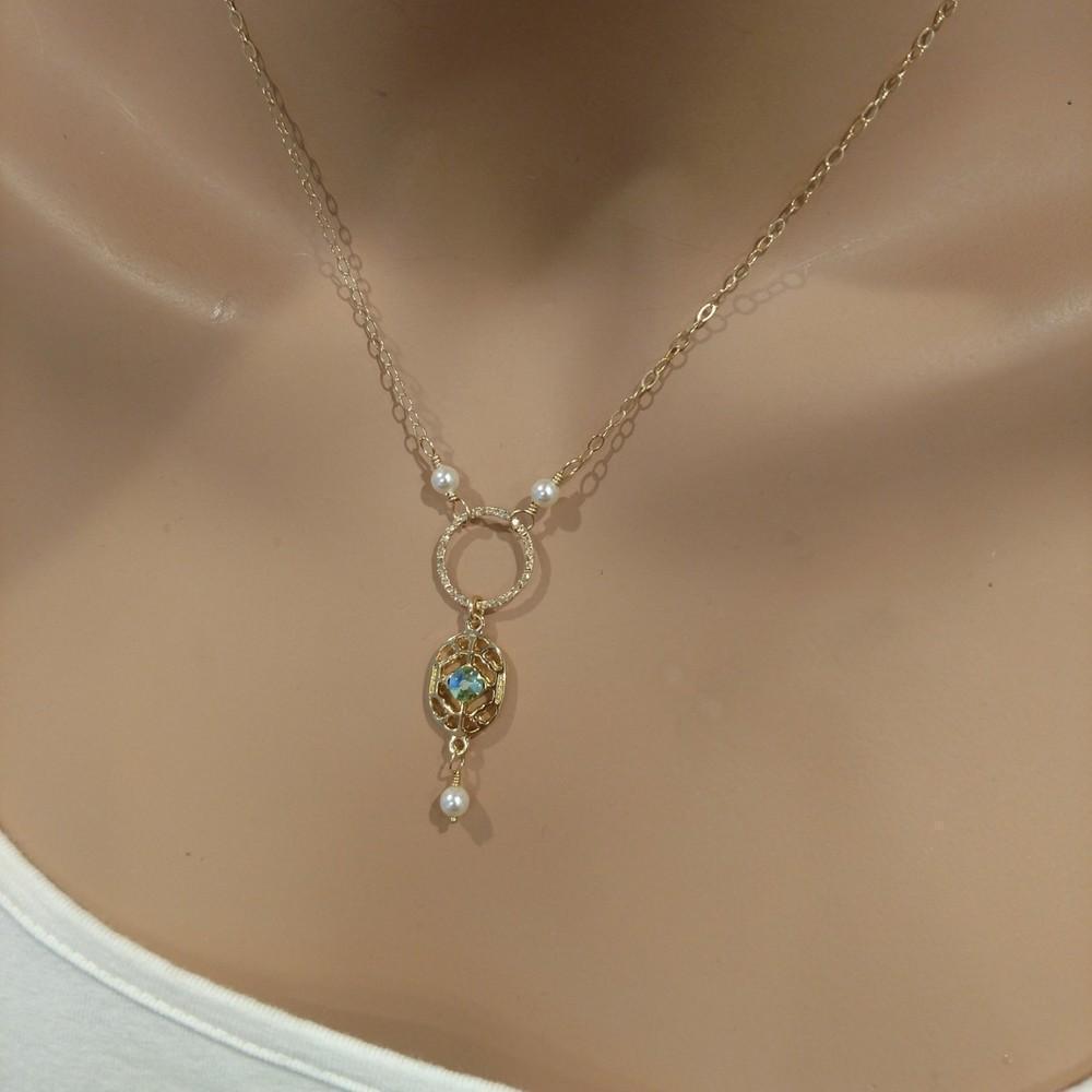 14 KT Gold Filled Filigree Green Crystal Open