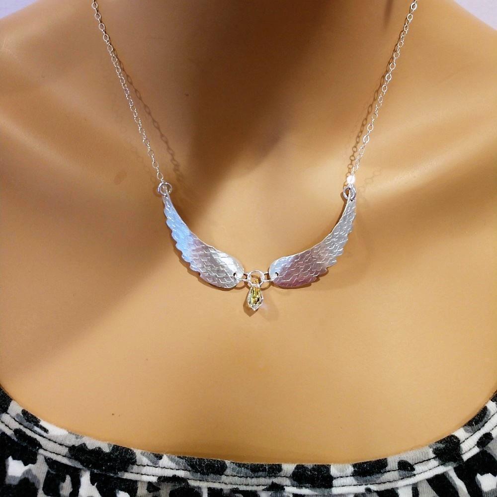 Crystal Drop Sterling Silver Sculpted Angel Wings Necklace