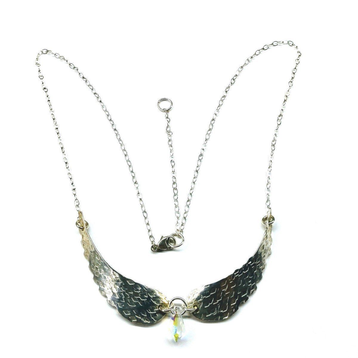 Crystal Drop Sterling Silver Sculpted Angel Wings Necklace