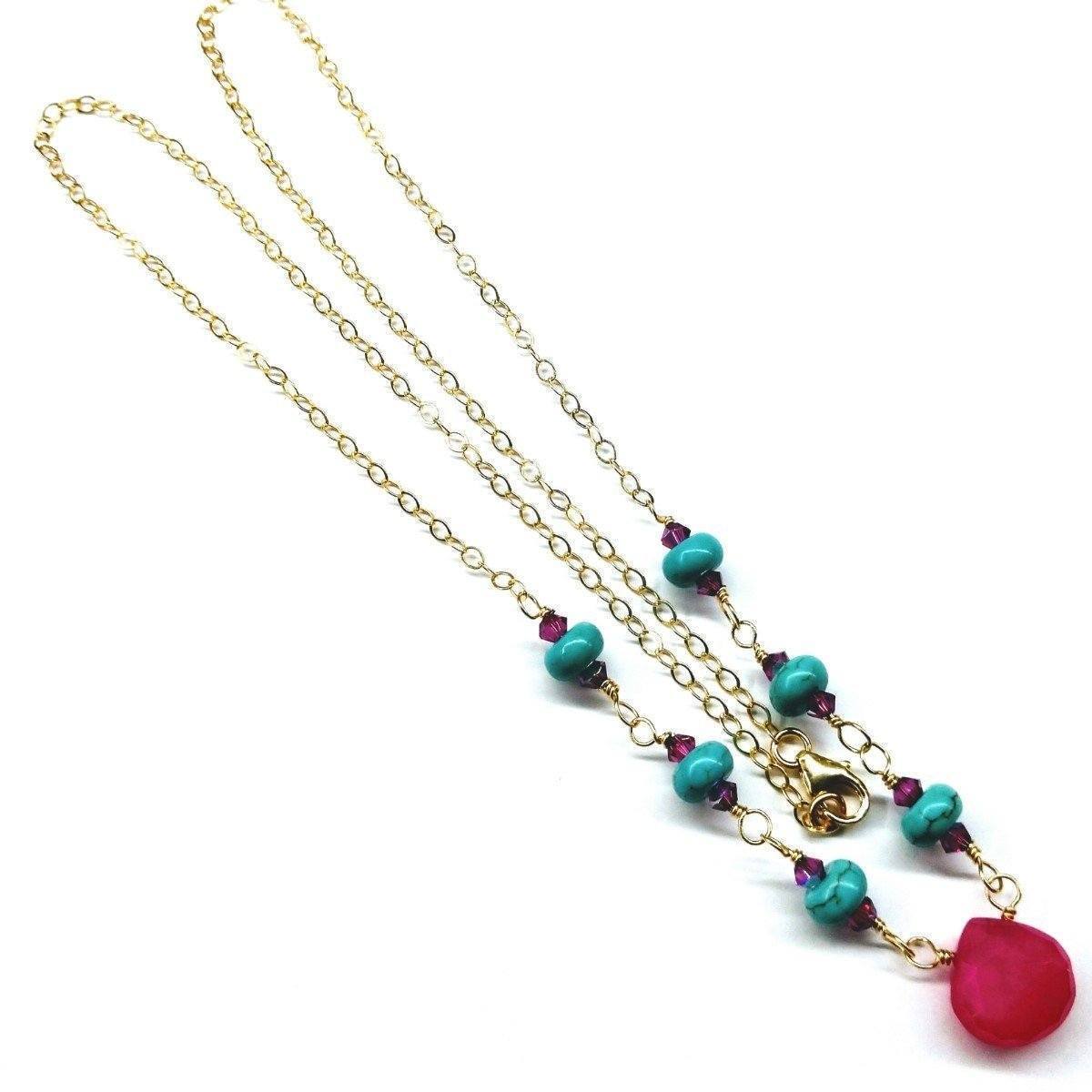 Gold Filled Pink Chalcedony Turquoise Gemstone Drop Necklace