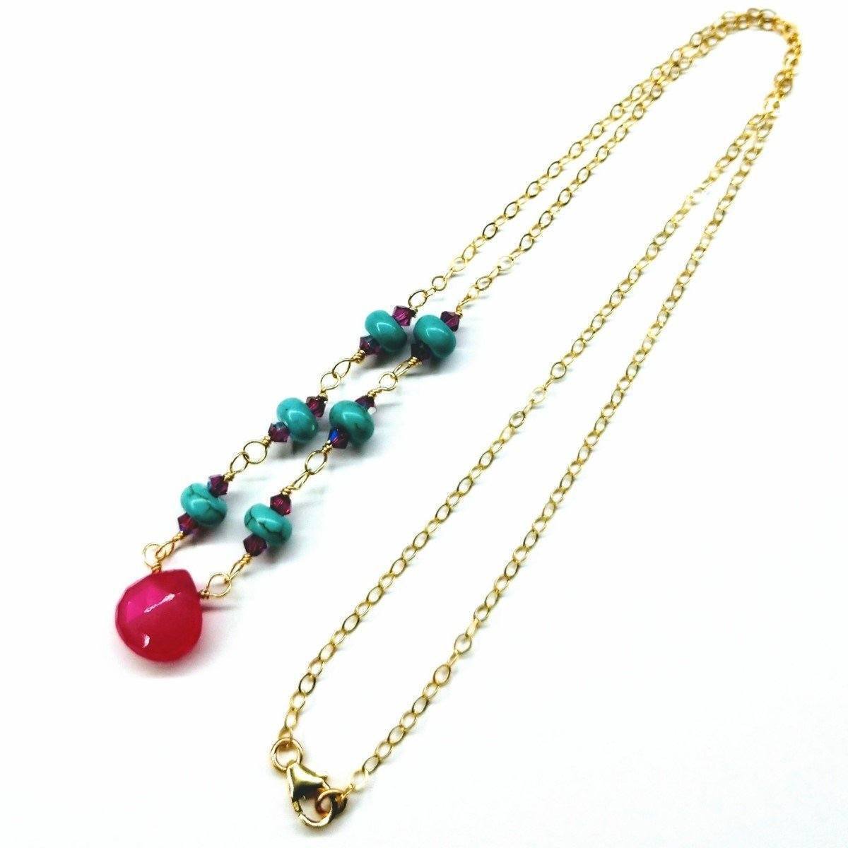 Gold Filled Pink Chalcedony Turquoise Gemstone Drop Necklace