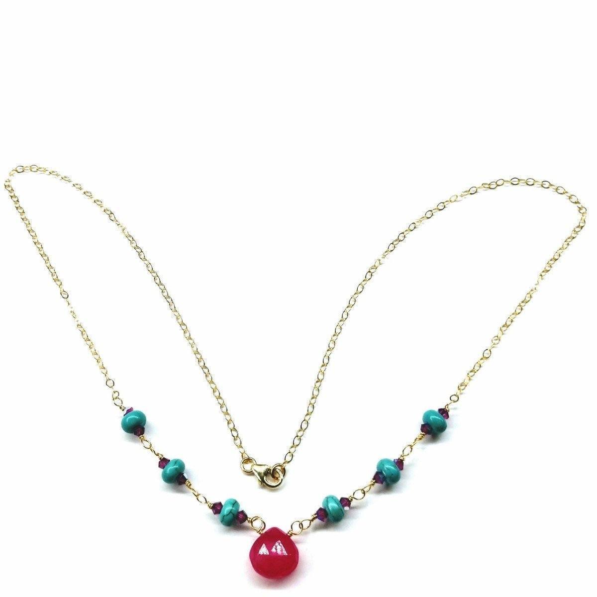 Gold Filled Pink Chalcedony Turquoise Gemstone Drop Necklace