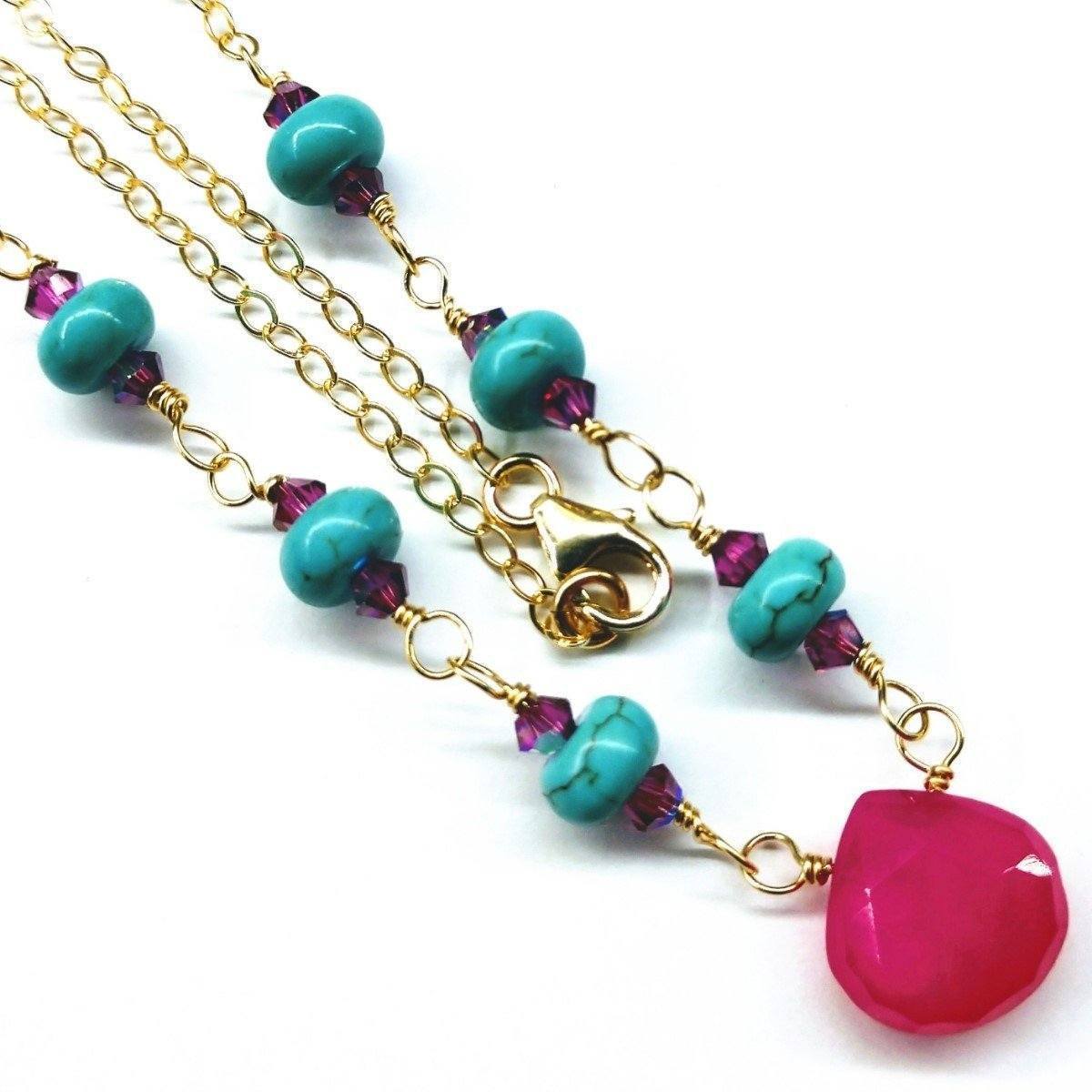 Gold Filled Pink Chalcedony Turquoise Gemstone Drop Necklace