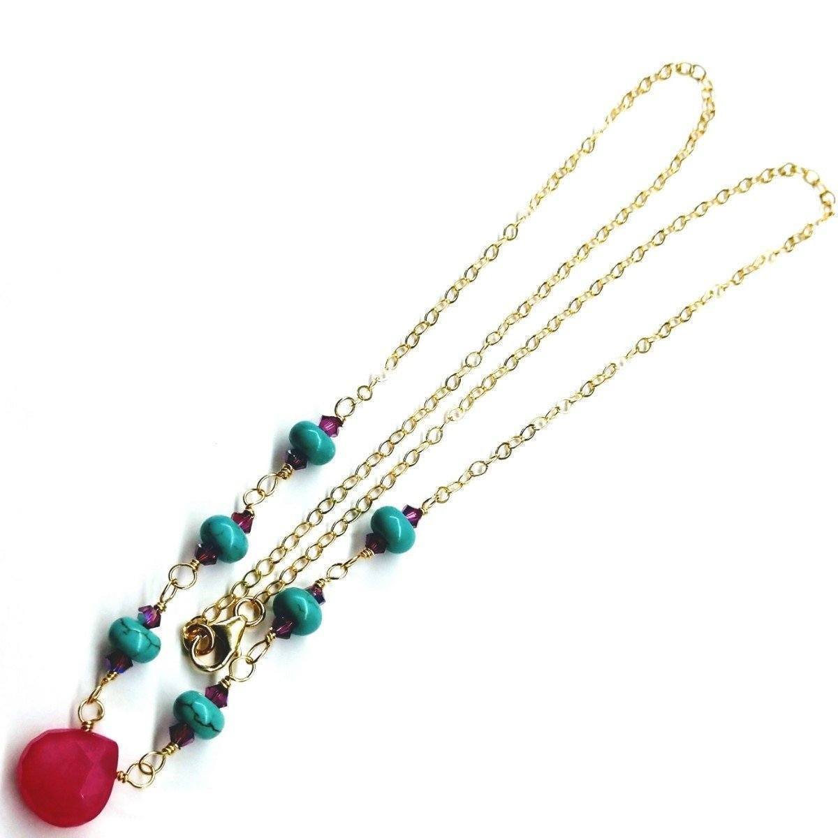 Gold Filled Pink Chalcedony Turquoise Gemstone Drop Necklace