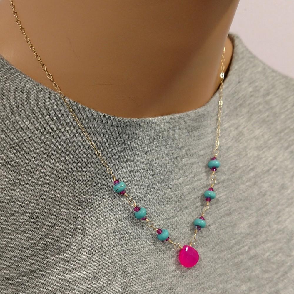 Gold Filled Pink Chalcedony Turquoise Gemstone Drop Necklace