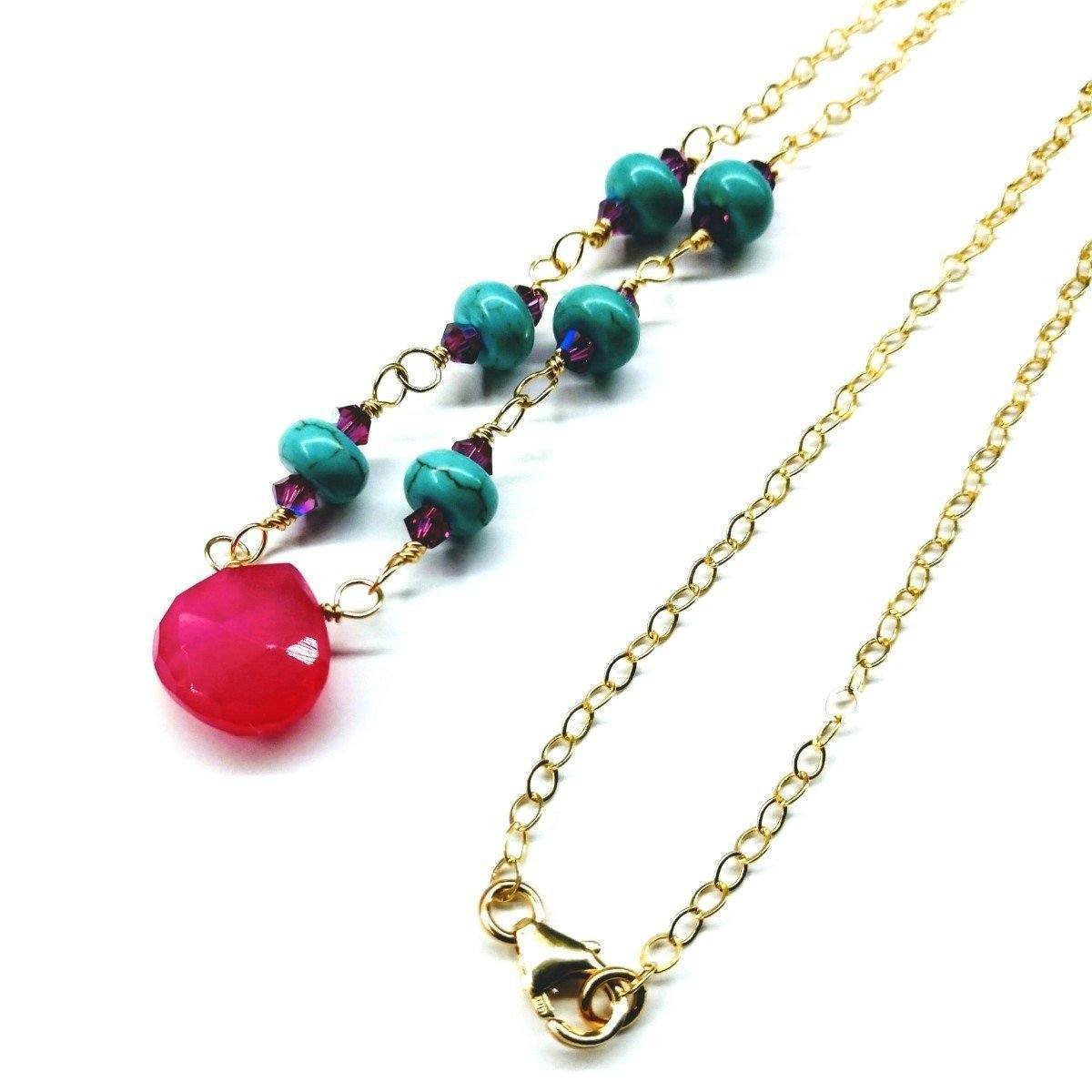 Gold Filled Pink Chalcedony Turquoise Gemstone Drop Necklace