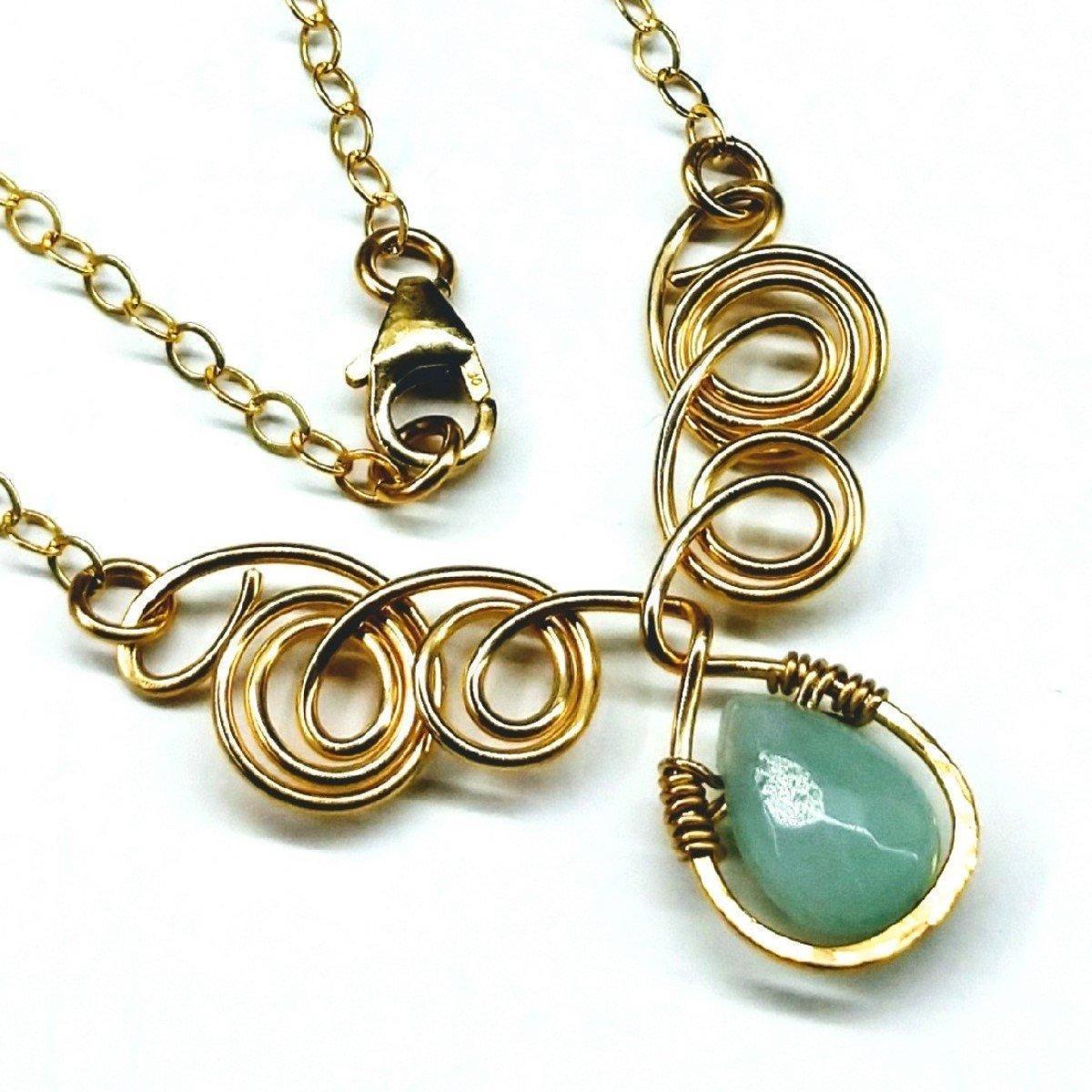 Gold Filled Wire Sculpted Mint Gemstone Drop Necklace