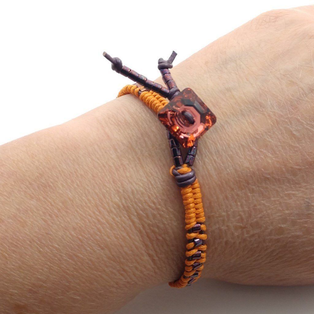 Orange Purple Braided Leather Crystal Button Bracelet